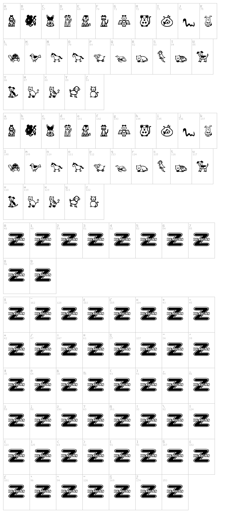 Pet Animals font map